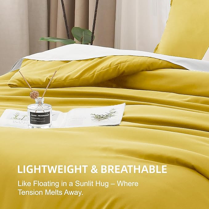 Litanika Mustard Yellow Comforter Set King Size, 3 Pieces Lightweight Solid Bedding Comforter Set, All Season Fluffy Bed Set (104x90In Comforter & 2 Pillowcases)