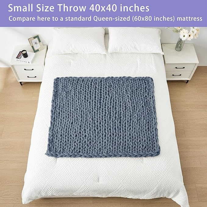 Bigacogo Chunky Knit Throw Blanket for Couch, 40x40 inches, 100% Hand Knitted with Thick Jumbo Chenille Yarn, Cozy Soft Large Rope Knot Cable Crochet Blankets for Sofa Bed Living Room, Cold Sea Blue
