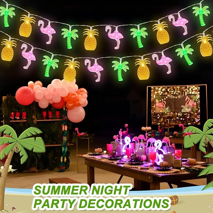Couah 30 LED 16Ft Summer Beach Hawaiian String Lights - 8 Modes & Timer - Flamingo Pineapple Palm Tree Fairy Lights - Battery Operated for Tropical Party Pool Decorations