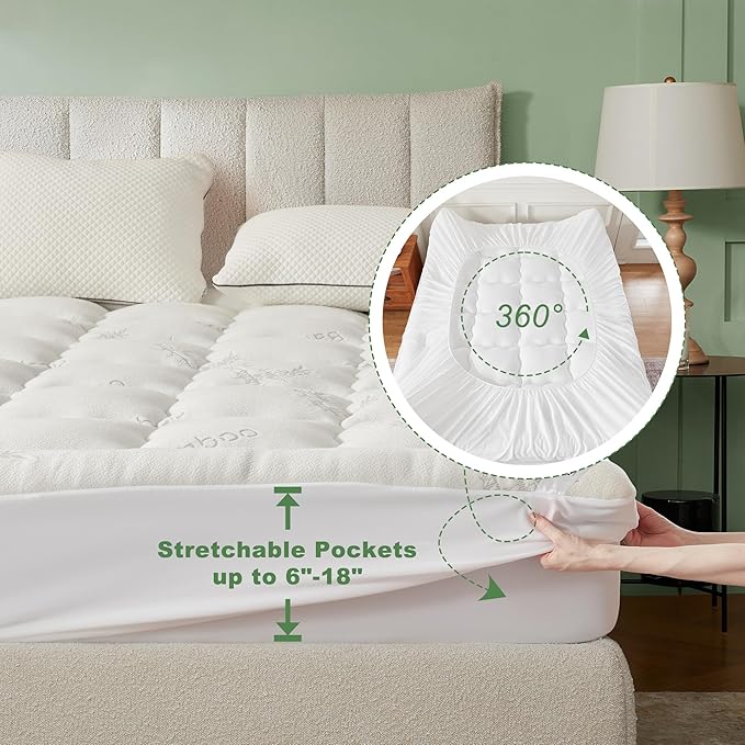 BEDLORE Queen Mattress Topper Viscose Derived from Bamboo, Thick Pillow Top Mattress Pad with Stretchable Pockets for 6-18 inches Mattress, Soft Breathable Mattress Topper for Back Pain Relief