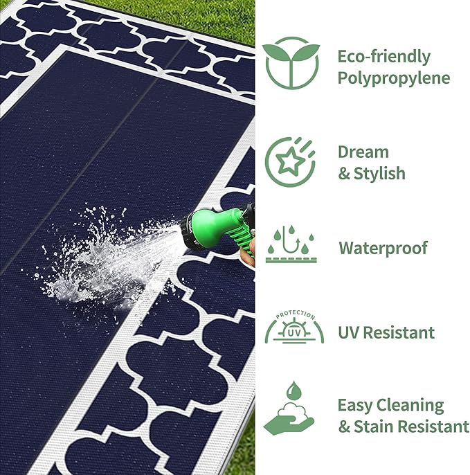 GENIMO 10 ' x 10 ' Outdoor Rug Waterproof for Patio Decor, Foldable Reversible Plastic Straw Area Rugs Mat for Camper, Outside Carpet for Rv, Deck, Porch, Picnic, Beach, Balcony, Blue & White