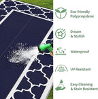 GENIMO 9' x 18' Outdoor Rug Waterproof for Patio, Foldable Reversible Plastic Straw Area Rugs Mat for Rv Decor, Outside Carpet for Camper, Deck, Picnic, Beach, Balcony, Porch, Blue & White