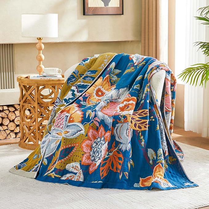 Boho Throw Blanket, Blue Lightweight Blankets for Summer, 100% Cotton Bohemian Decorative Throw Blanket, 50"x60" Reversible Muslin Breathable Woven Farmhouse Blankets Quilt,