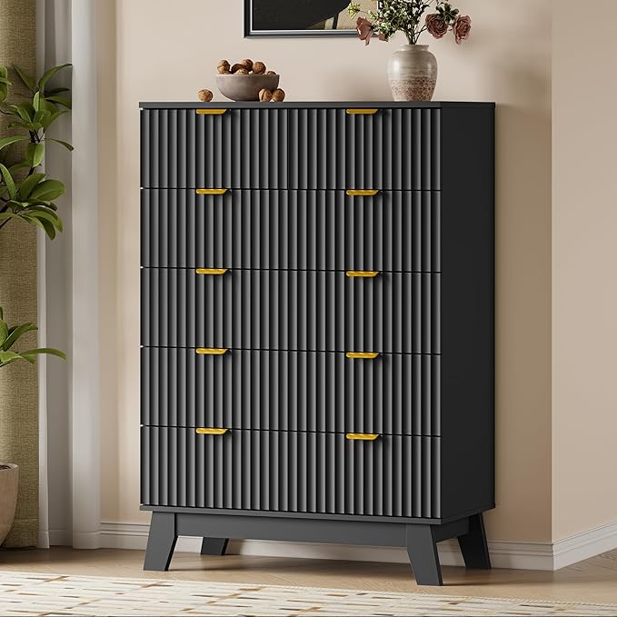 46" Tall Dresser for Bedroom, 6-Drawer Fluted Chest of Drawers, Modern Wood Highboy with Deep Storage, Metal Slides and Handles, Anti-Tip Kit, Vertical Clothes Organizer for Apartment, Nursery