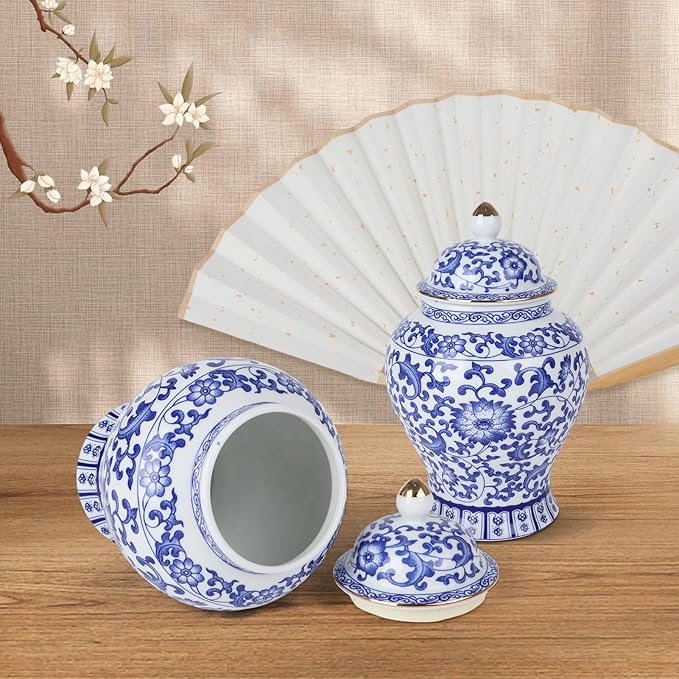 Chinoiserie Ginger Jar,7.6 Inch Ceramic Bule and White Ginger Jar w/Lid,Porcelain Ginger Jars Vase for Home,Living Room,Coffee Table,Mantle Fireplace (Bule&White)