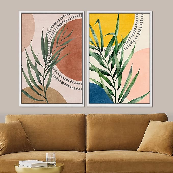 SIGNFORD Framed Canvas Print Wall Art Set Geometric Mid-Century Circle Plants Abstract Shapes Illustrations Modern Art Decorative Zen Bohemian for Living Room, Bedroom, Office - 16"x24"x2 White