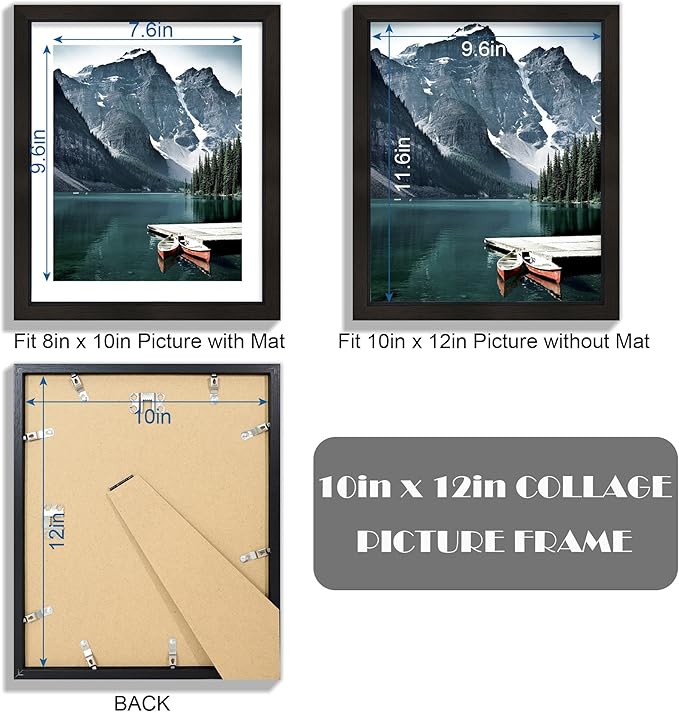 10x12 Picture Frame with Real Glass - Display Pictures 8x10 with Mat or 10 x 12 without Mat, Photo Frame for Wall or Table Top Display(Black, 1 Pack)