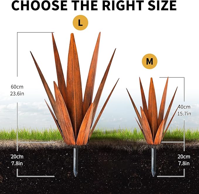 Metal Agave Plants, Tequila Rustic Sculpture, Metal Yard Art, Outdoor Lawn Ornaments Yard Stakes (Rusty- L)