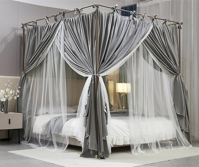 4 Corners Post Princess Curtain Bed Canopy Double Layer Cozy Mosquito Net Mesh and Cloth for Girls Adults Bedroom Decoration (Double-Grey/White, 59" W*82" L*82"*H/(Queen))