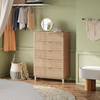 WLIVE Fluted Dresser for Bedroom with 5 Drawers, 46.26" Tall Wood Dresser with Golden Metal Handles, Mid Century Modern Chest of Drawers for Living Room, Hallway, Closet, Natural Oak