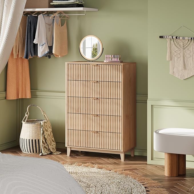 WLIVE Fluted Dresser for Bedroom with 5 Drawers, 46.26" Tall Wood Dresser with Golden Metal Handles, Mid Century Modern Chest of Drawers for Living Room, Hallway, Closet, Natural Oak