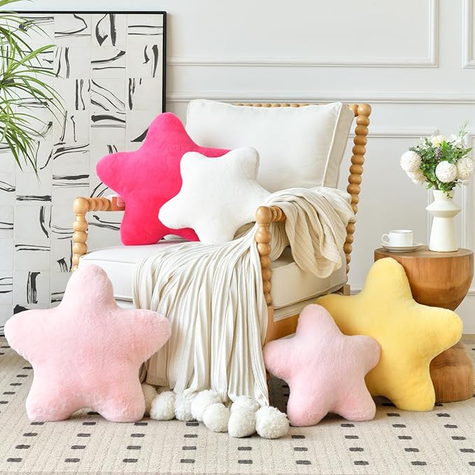 Xiashrk Star Pillow, Decorative Throw Pillows for Bed Couch, 15" Star Shaped Pillow Plush Floor Cushions Room Decor Pillow with Soft Faux Rabbit Fur for Sofa Bedroom Living Room