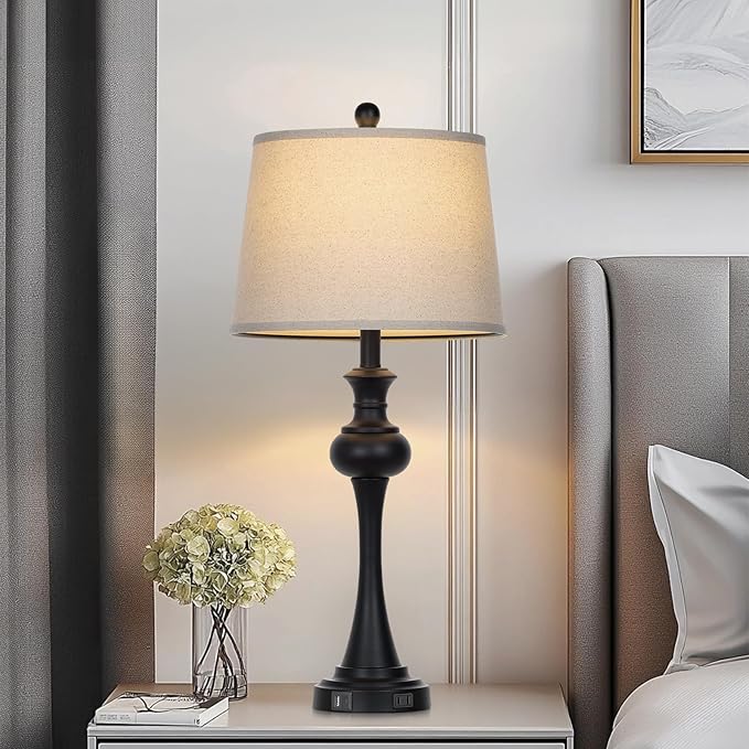 28.75" Black Table Lamps Modern 3-Way Dimmable Bedside Lamp with USB A+C Ports & AC Outlets for Living Room Bedroom Nightstand Lamp,Beige Fabric Shade Mid Century Accent Style