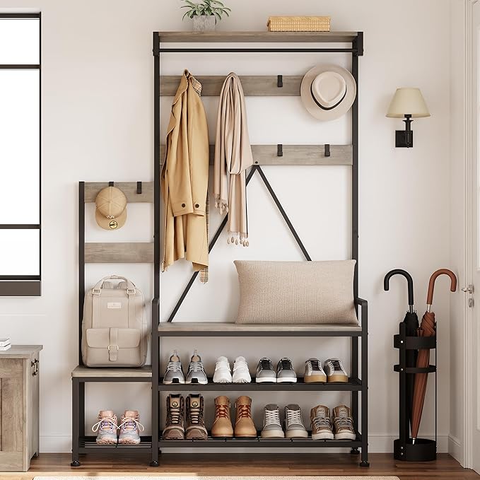 IDEALHOUSE Hall Tree with Bench and Shoe Storage Parent-Child Coat Rack Shoe Bench Industrial Coat Tree Entryway Large Organizer with Shoe Rack, Storage Cubbies, Hooks, and Top Shelf