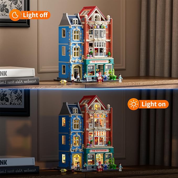 Toy-Store Lighting Building-Bricks Set – City Town Modular Townhouse Toy Shop Dollhouse LED Light Display Model 3086 Pcs Construction Kit for Adults and Teens
