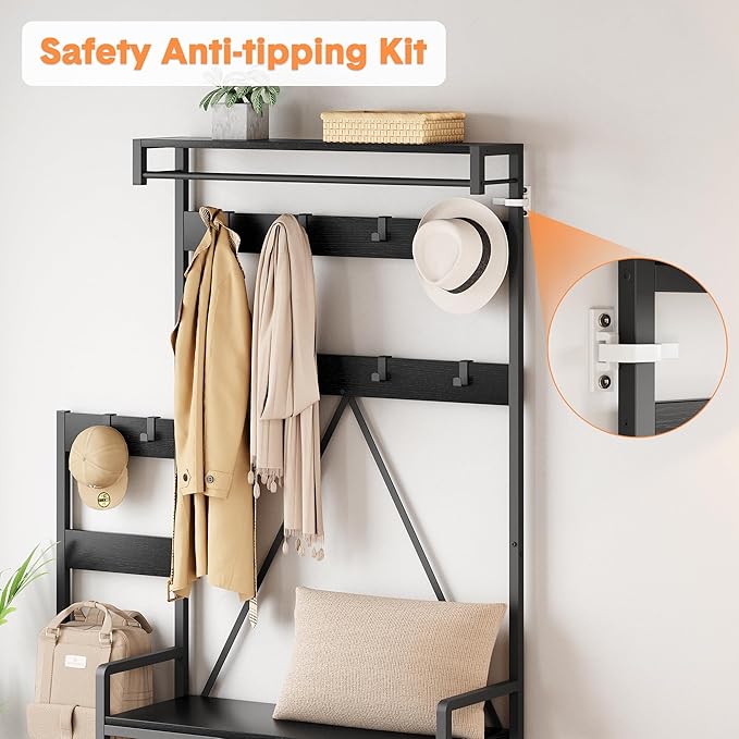 IDEALHOUSE Parent-Child Coat Rack Shoe Bench Hall Tree with Bench and Shoe Storage Industrial Coat Tree Entryway Large Organizer with Shoe Rack, Storage Cubbies, Hooks, and Top Shelf