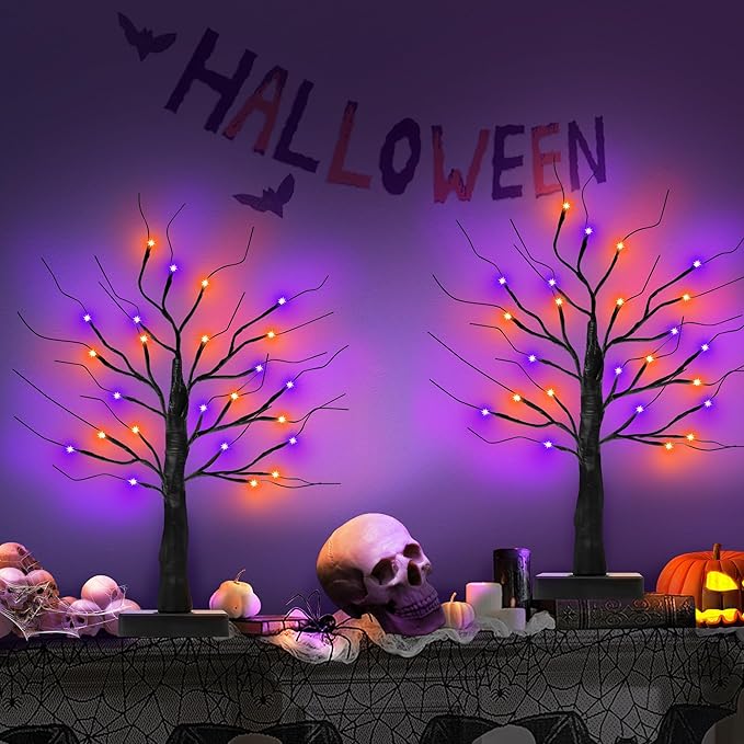 [Timer] 2 Pack 24 Inch Black Halloween Tree with Orange Purple Lights, USB/Battery Operated Light Up Halloween Table Decorations, Spooky Halloween Decorations Indoor Home Mantle Room Party Decor