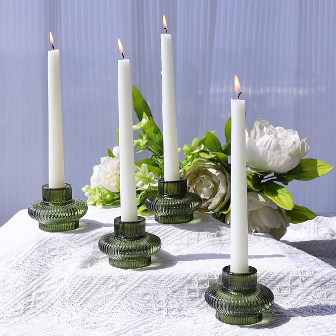 VOHO Green Candle Holder Decor for Dining Table Centerpiece, Ribbed Taper Candle Holders Versatile for Candle Sticks and Tea Lights Candles, Holiday Candlestick Holders Gifts for Friends(Set of 6)