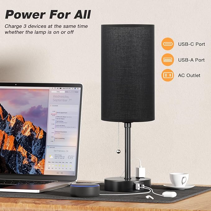 Dicoool 17Inch Tall Bedroom Lamps with USB C and A Ports 3 Color Temperatures - Pull Chain Black Nightstand Bedside Table Lamp with AC Outlet, Side Lamp for Living Room End Table