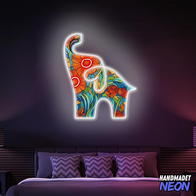 Personalized Floral Elephant Neon Sign, Custom UV Printed Flower Animal Decor Led Light, Flowers Wall Art Lights Signs, Decorative Gifts For Friends, Kids, Mom, Elephants Lovers