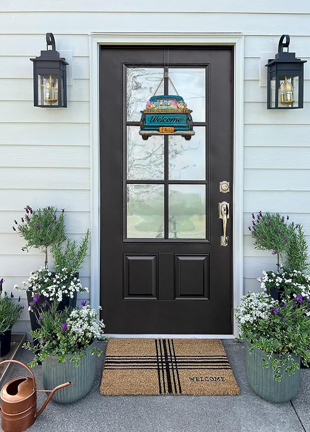 Interchangeable Welcome Sign for Front Door Blue Farmhouse Truck Decor Hanging Sign with 11 Interchangeable Seasonal and Holiday Decor Signs 12x14 in. (Blue Farmhouse Truck)