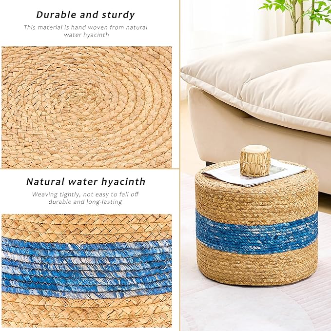 Handwoven Water Hyacinth Ottoman Pouf, Round Outdoor Footstool with Sturdy Frame, No Assembly Needed, Boho Accent Stool for Indoor & Outdoor Use – Patio, Balcony, Living Room (Blue)