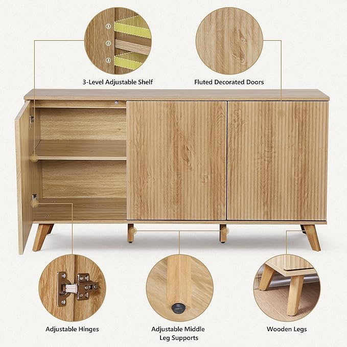 Fluted Sideboard Buffet Cabinet with Storage, Modern Storage Cabinet with 3 Doors, Wood Credenza Buffet Sideboards, Bar Cabinets Console Table for Kitchen Dining Living Room Entryway (Natural)