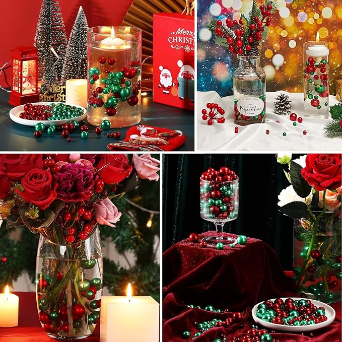 200 PCS Red Green Vase Fillers, Pearls Bead for Centerpieces Vases, 10/14/20 MM No Hole Beads, Fake Pearls for Wedding Birthday Anniversary Theme Party Table Centerpieces Decor