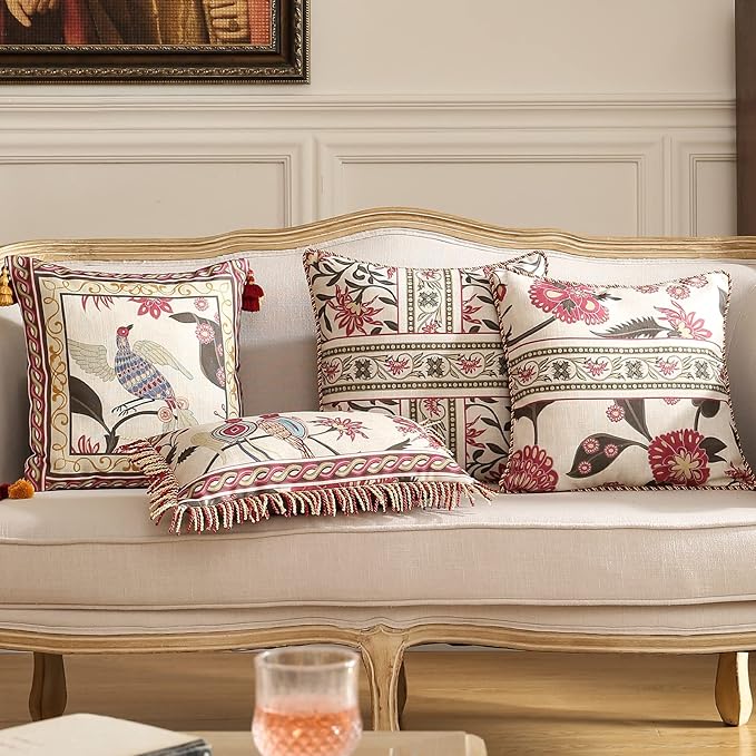 patdrea Designer Throw Pillow Covers Set of 4,Vintage Red Linen Pillowcases with Flower and Birds Pattern Pillows Cover for Couch,Farmhouse Decorative Cushion for Bed Living Room Outdoor Car