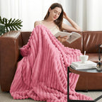 Amélie Home Faux Fur Throw Blanket for Couch, Cozy Fuzzy Fluffy Fur Luxurious Soft Striped Plush Gift Blankets for Family Sofa Chair Bed Living Room Bedroom, 55"x70", Pink