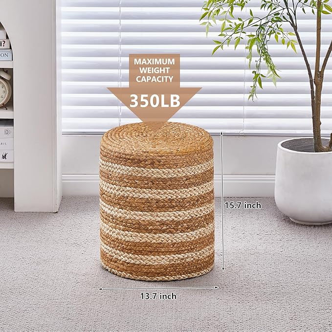 Wimarsbon Ottoman Natural Seagrass Foot Rest Stool Hand Weave Round Foot Stool Pouf Boho Vanity Stools with Non-Skid Mat for Living Room Bedroom Hallway