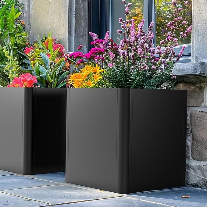Metal Square Planter Box, Galvanized Steel Planters for Outdoor Plants, 24"x 24"x 25" Black Large Outdoor Planters with Drainage Hole for Porch/Patio/Garden