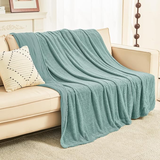 EMME Muslin and Fleece Twin Blanket Reversible - 60"*80" Teal Soft Warm Throw Blankets for Couch Bed Picnic Travel Bed