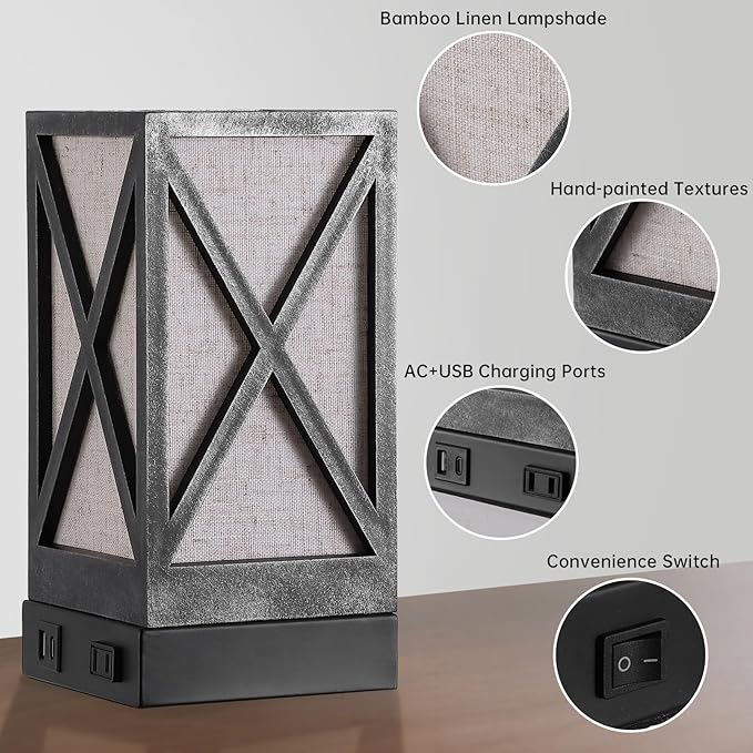 Table Lamp, Set of 2 Rustic Farmhouse Nightstand Lamps, 3 Color Temperatures Desk Lamp with USB Charging Ports AC Outlet Vintage Lamp for Living Room Bed Room, Pewter