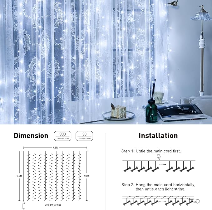 JMEXSUSS 300 LED 9.8x9.8Ft Curtain Lights Indoor with Remote, White Christmas Lights Plug in, 8 Modes White String Lights for Bedroom Wall Wedding Reception Dorm Party Backdrop Window Outdoor Decor