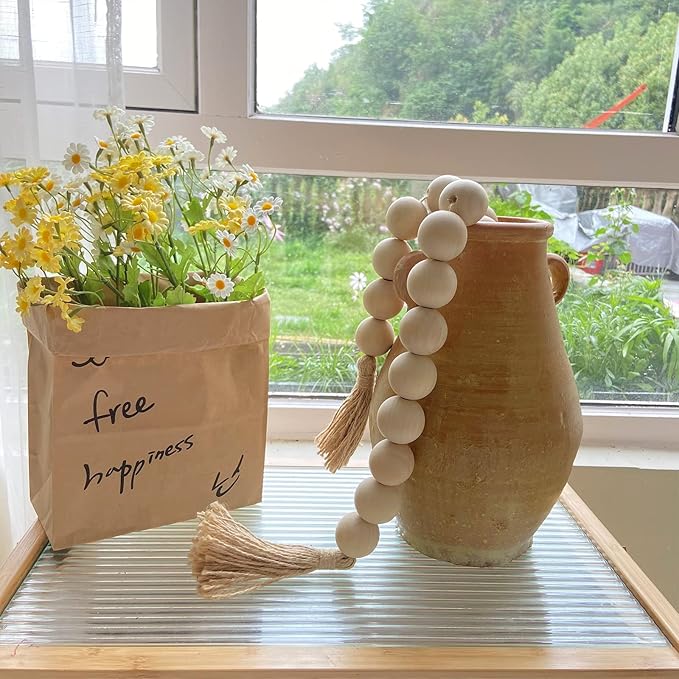 OMISHE 60" Long Extra Large Wood Bead Garland with 1.6" Diameter Wooden Beads and Tassels, Rustic Farmhouse Country Decorative Beads for Home Decor Tiered Tray Decor, Natural Beige