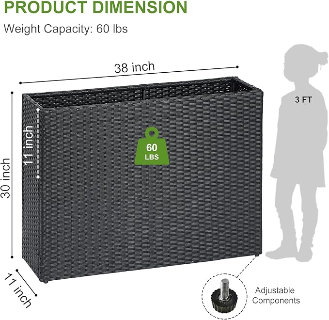 LEWIS&WAYNE Large Rectangular Block Planter Box Handmade Wicker Tall Planters for Outdoor Plants with Removable Liners Modern Planter for Indoor Outdoor Patio Deck - Black, 38''x11''x30''