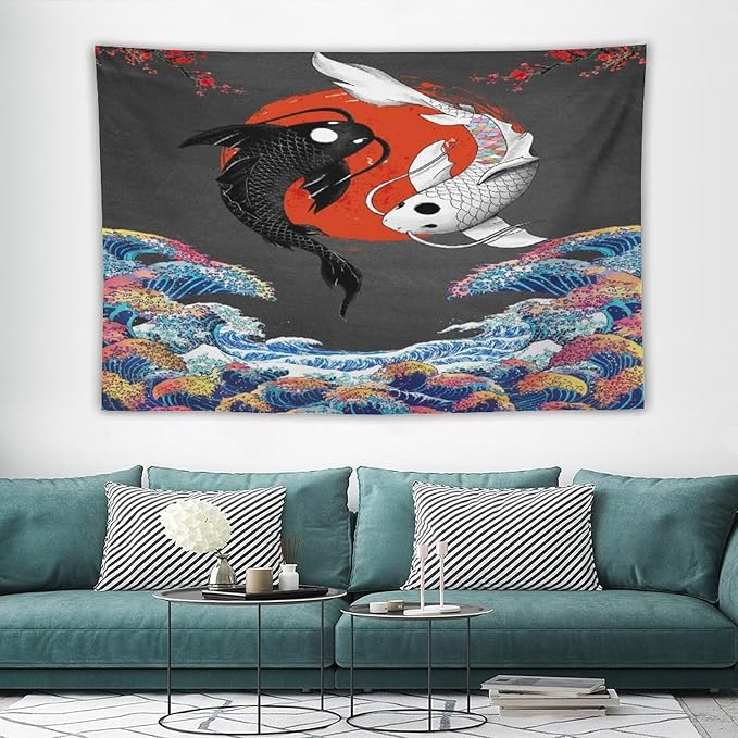 Houselerax Japanese Koi Fish Tapestries, Yin Yang Big Wave Cherry Blossom Tapestry Wall Hanging for Bedroom Living Room Office Decor 60"x40"
