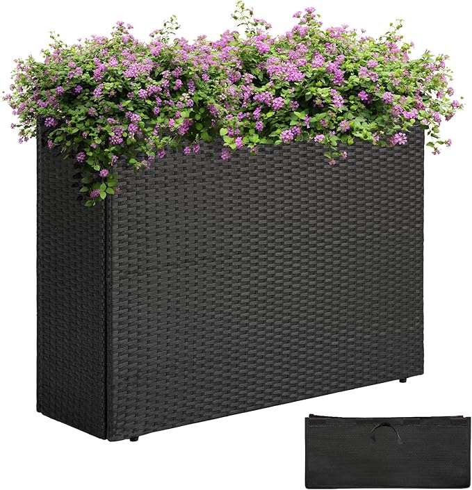 IDZO All Weather Wicker Planter Raised Garden Bed, 24 in Tall Round Rattan Flower Pots, Durable Self-Watering Indoor Outdoor Wicker Planters for Porch Patio Balcony