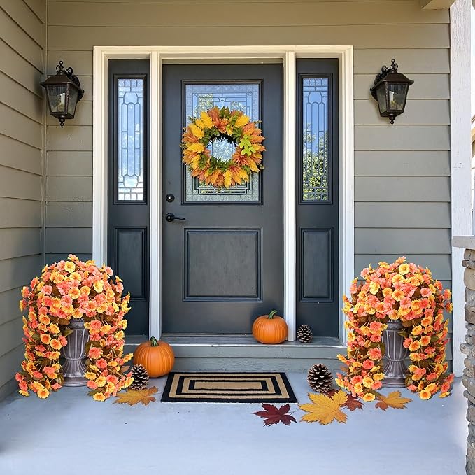 HyeFlora Artificial Fake Fall Hanging Flowers Plants for Outdoor Decor, 2PCS Faux Silk Fall Morning Glory Trailing Vines UV Resistant Look Real for Autumn Home Planter Porch Patio (Orange+Yellow)