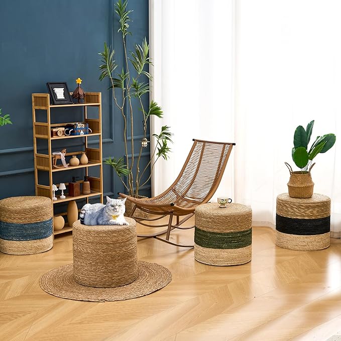 Wimarsbon 18'' Ottoman Pouf, Natural Braided Poof, Rustic Handweave Lounge Pouffe, Boho Footrest Stool for Bedroom, Accent Table for Living Room (18inch Natural Cattail + Green Corn Husk)