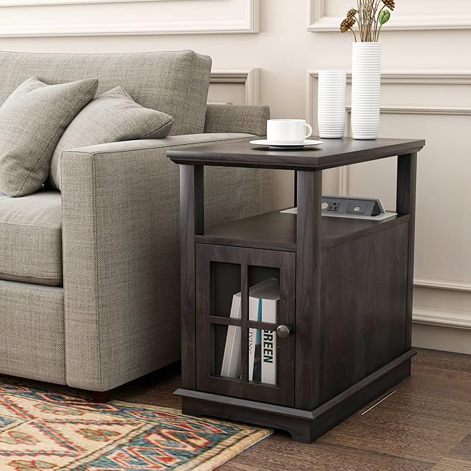 HIFYOBRO Narrow End Table with Flip Top Charging Station and Storage Cabinet, Type-C & USB Port & Power outlets, Adjustable Shelf, Blackgray Side Table with Storage for Living Room and Bedroom