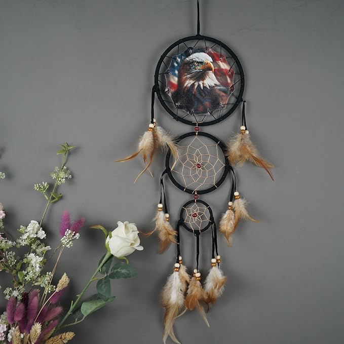Remorelt Wolf Eagle Bear Dream Catcher Bedroom Wall Decor, Christmas Home Decoration, Room Accessory, White Moon Feather Decoration - Unique Home Craft Wall Pendant (DC14 Eagle W/Flag)