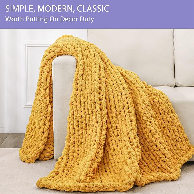 Bigacogo Chunky Knit Throw Blanket for Couch, 40x60 inches, 100% Hand Knitted with Thick Jumbo Chenille Yarn, Cozy Soft Large Rope Knot Cable Crochet Blankets for Sofa Bed Living Room, Mustard Yellow
