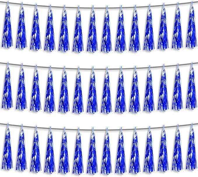 3P Blue Foil Fringe Metallic Tassel Streamers Banner Tassel Garland for Parade Floats, Bachelorette, Wedding, Birthday, Halloween, Christmas, Bridal/Baby Shower Party Decorations