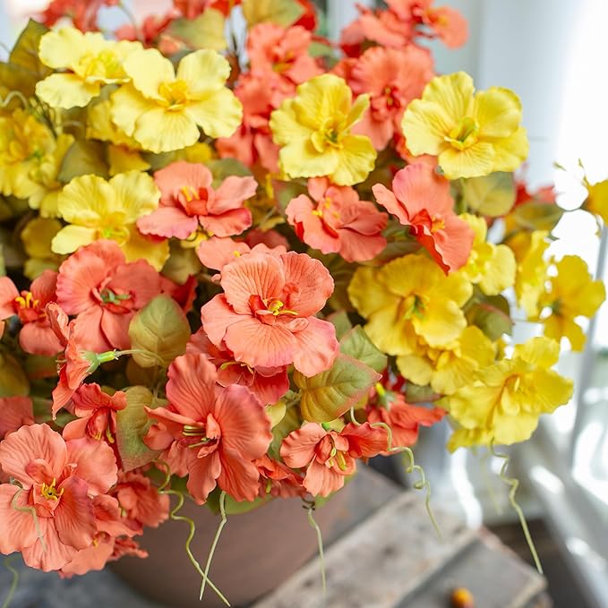 Fall Flowers Fake Flowers Mums for Outdoors Autumn Decoration, 6 Bundles Artificial Flowers Faux Silk Plants Realistic UV Resistant for Outside Planter Patio (Fall Yellow Orange)