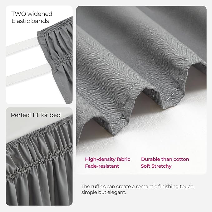 RIMELA Dorm Bed Skirt Twin XL 22 Inch Drop, Extra Long Wrap Around Elastic Bed Skirts Easy to Put On Twin Size Dust Ruffle, Grey Bedskirt for Adjustable Bed Base Solid Silky Fabric Machine Washable