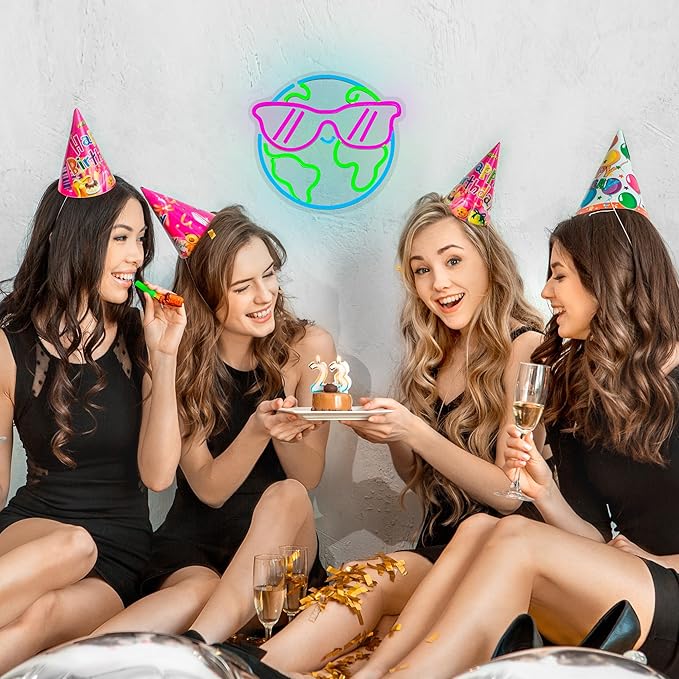 Earth Neon Sign Sunglasses Neon Light for Wall Decor Planet Neon Light Colorful LED Neon sign USB Powered LED Light Up Sign for Bedroom Kids Room Classroom Decoration