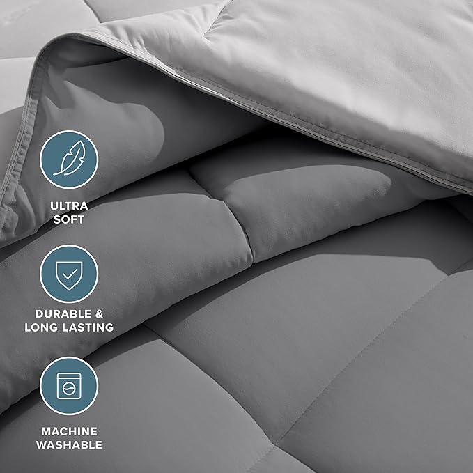 Bare Home Queen Comforter - Reversible Colors - Goose Down Alternative - Ultra-Soft - Premium 1800 Series - All Season Warmth - Bedding Comforter (Queen, Grey/Light Grey)
