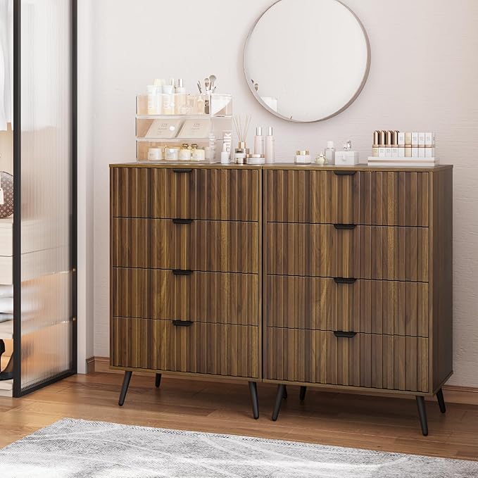 Wanlut Fluted 4 Drawer Dresser for Bedroom, 35.4" Tall Bedroom Dresser with Metal Feet, Wooden Storage Organizer Cabinet Chest of Drawer for Closet, Living Room, Hallway